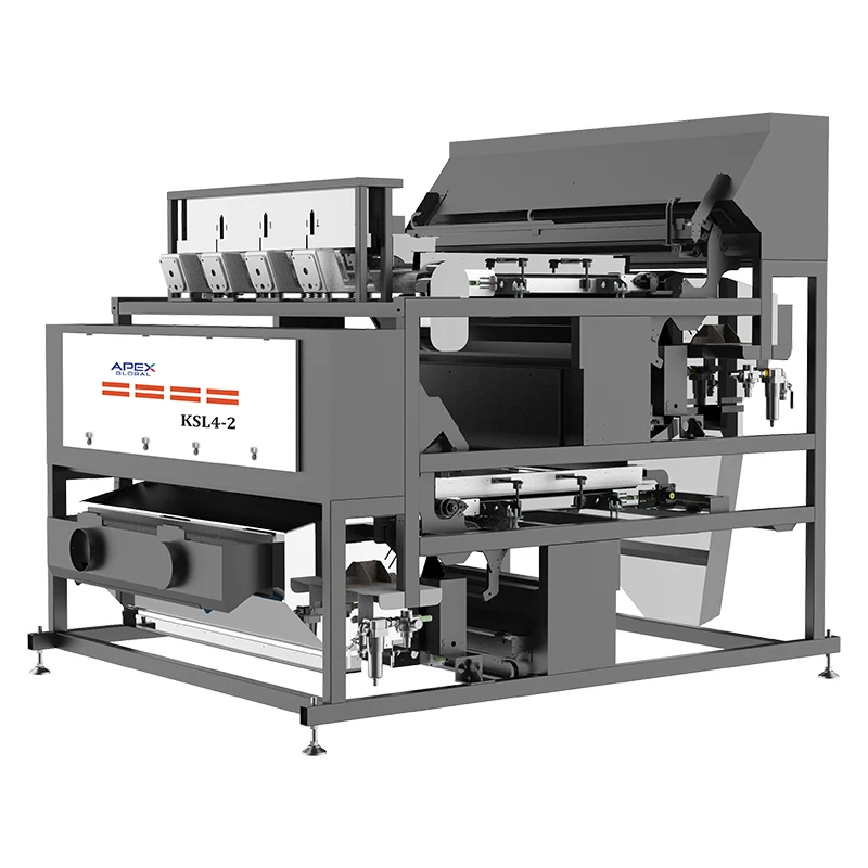 Desenho oficial em 3D do classificador óptico CCD de dupla camada modelo KSL4-2, específico para beneficiamento a seco de quartzo seco e minerais granulares de 2 a 30 mm.