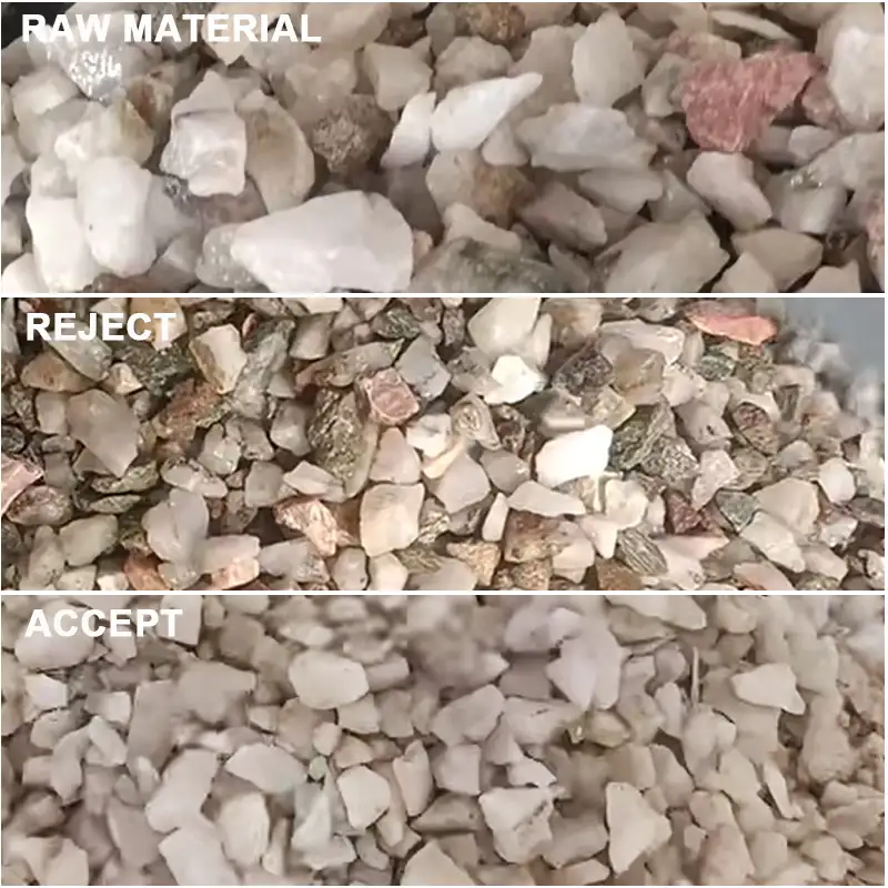 Comparação de desempenho antes e depois da triagem de pedras de quartzo em pedaços pela classificadora de cores de correia APEX, matéria-prima rejeitada, minério purificado e acabado.
