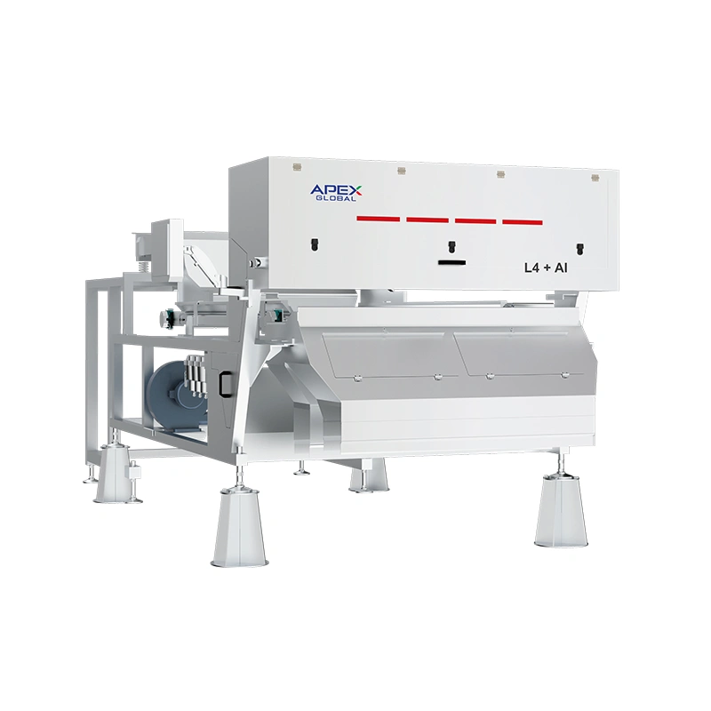Oblique view render of APEX L4+AI AI-enhanced single-layer belt color sorter, equipped with sealed optical detection cabin, integrated air nozzle assembly and stable adjustable support legs. Built with lossless belt conveying structure plus deep learning AI vision system for ultra-precise sorting of fragile dried seafood, dehydrated ingredients and frozen agricultural products.