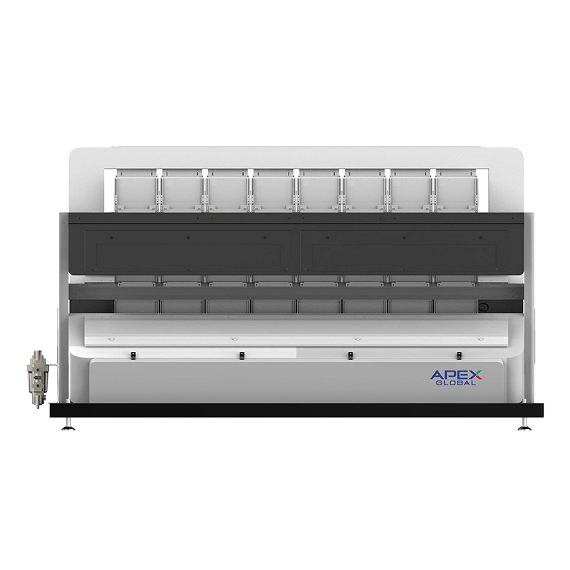 Rear structural view of APEX R8 Max industrial high-throughput rice color sorter, showing 8-channel top detection bin layout and integrated sealed mechanical framework for heavy-duty grain sorting production