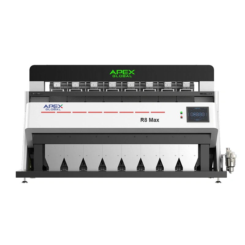 Front elevation render of APEX R8 Max industrial large-capacity rice color sorting machine, equipped with touch screen operation panel, 8 independent sorting channels and standard pneumatic component assembly