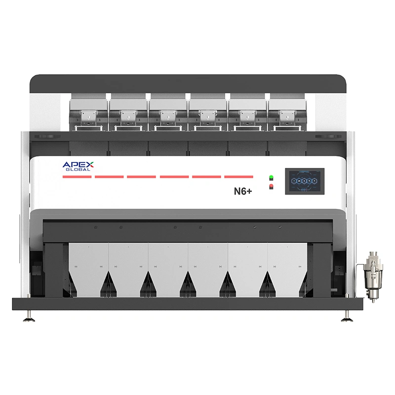 Vue de face de la trieuse verticale industrielle de noix APEX N6+ avec panneau de commande tactile et sorties d'évacuation multicanaux, équipement de tri haute capacité dédié aux lignes de production de transformation de noix de moyenne et grande taille.