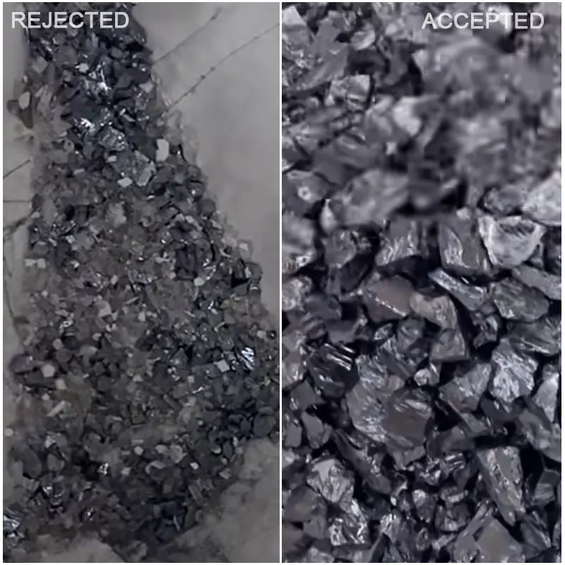 Comparaison avant et après tri de matériaux polysilicium traités par la machine de tri de minerais à double couche KSL1600-2S