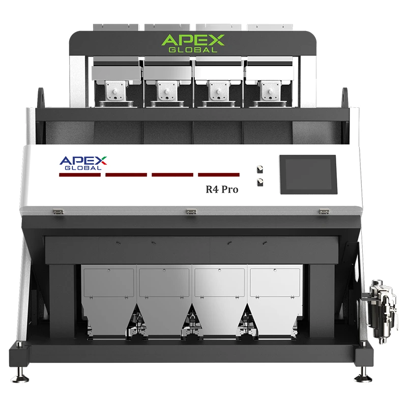Vue de face du trieur optique de riz haute précision APEX R4 Pro à 4 goulottes, équipement de tri optique CCD amélioré pour les usines de transformation de riz standardisées de taille moyenne.