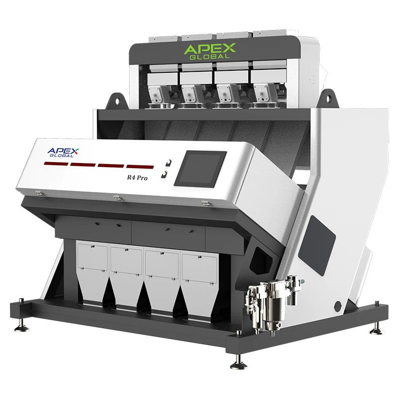 Front-side perspective structural drawing of APEX R4 Pro rice color sorter, displaying touch control panel, four-channel sorting bins and complete pneumatic assembly layout