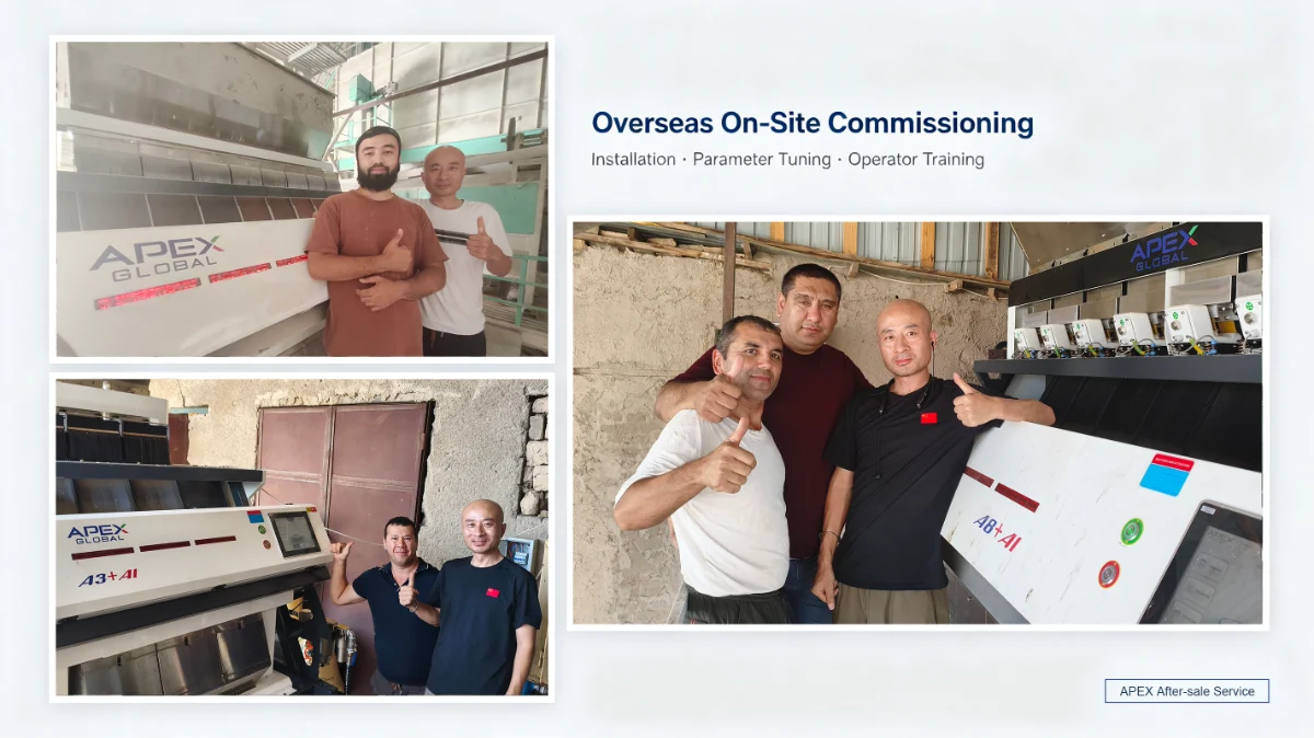 APEX color sorter on-site commissioning, installation, parameter tuning and operator training at overseas customer factory