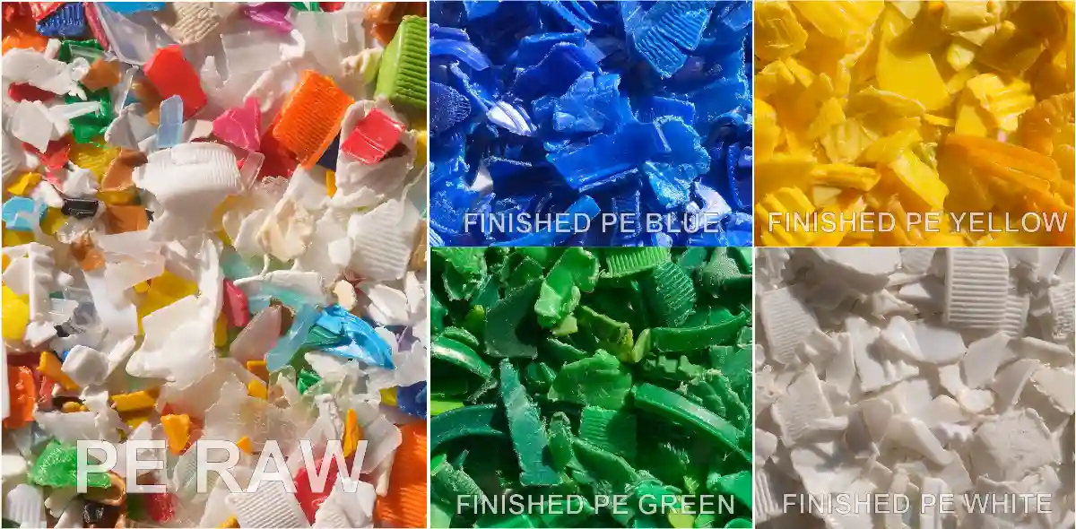 Escamas de plástico PE de colores mixtos en bruto y escamas de PE monocolores terminadas y clasificadas, comparación antes y después de la clasificación óptica para el reciclaje de plástico.