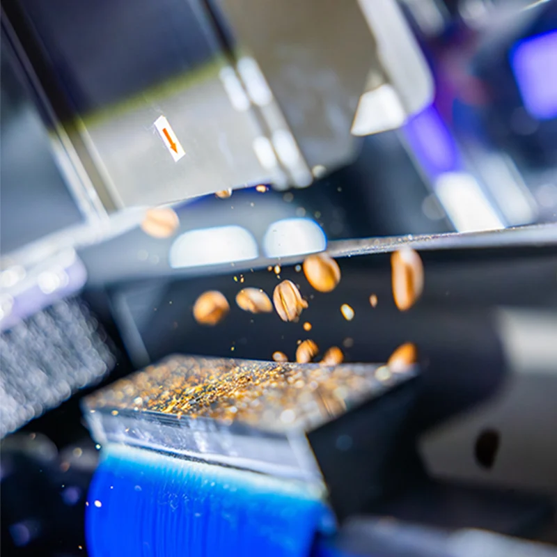 AI optical sorting process for green coffee beans, coffee beans falling through color sorter camera inspection