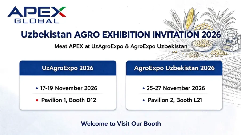 Affiche d'invitation pour APEX Sorting à UzAgroExpo et AgroExpo Uzbekistan 2026, machine de tri optique IA pour les céréales, les noix, les légumes et les cultures séchées
