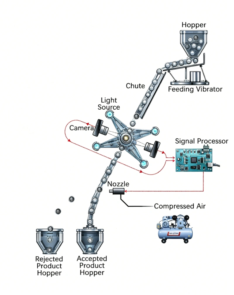 Working principle diagram of APEX bulk green coffee bean color sorter for Arabica and Robusta sorting