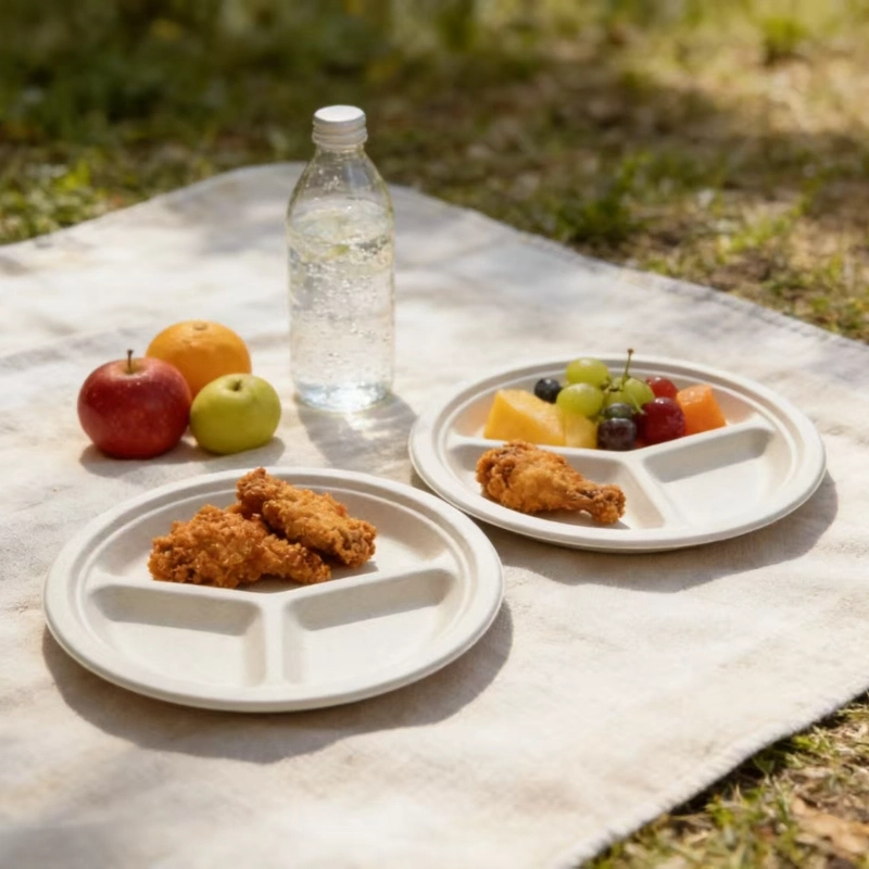 assiette ronde jetable à trois compartiments en bagasse blanche7