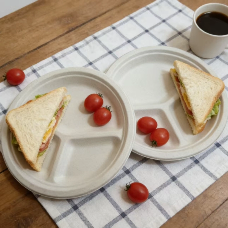 assiette ronde jetable à trois compartiments en bagasse blanche8