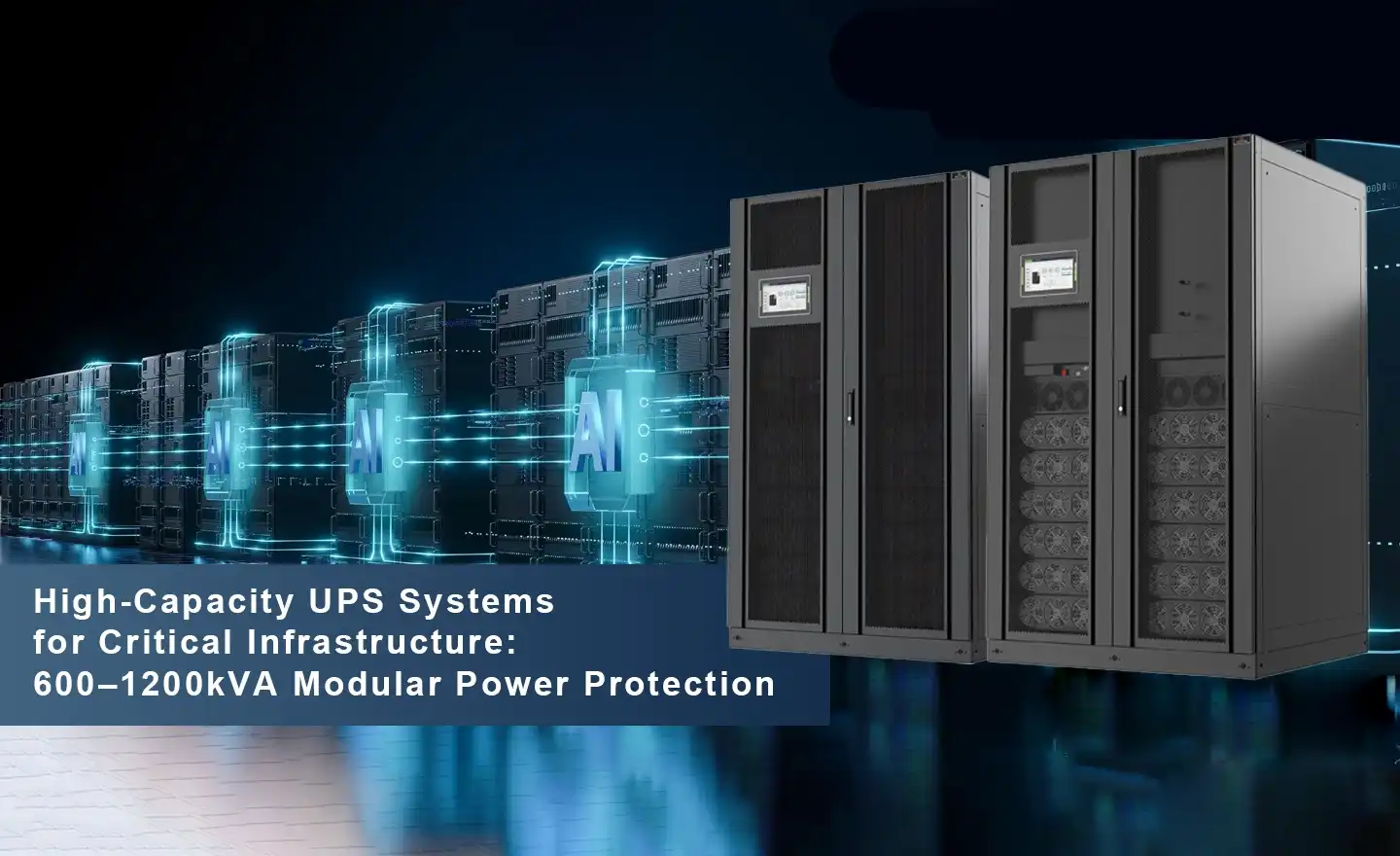 Sistemas UPS de alta capacidad para infraestructura crítica de 600–1200 kVA. Protección de energía modular.