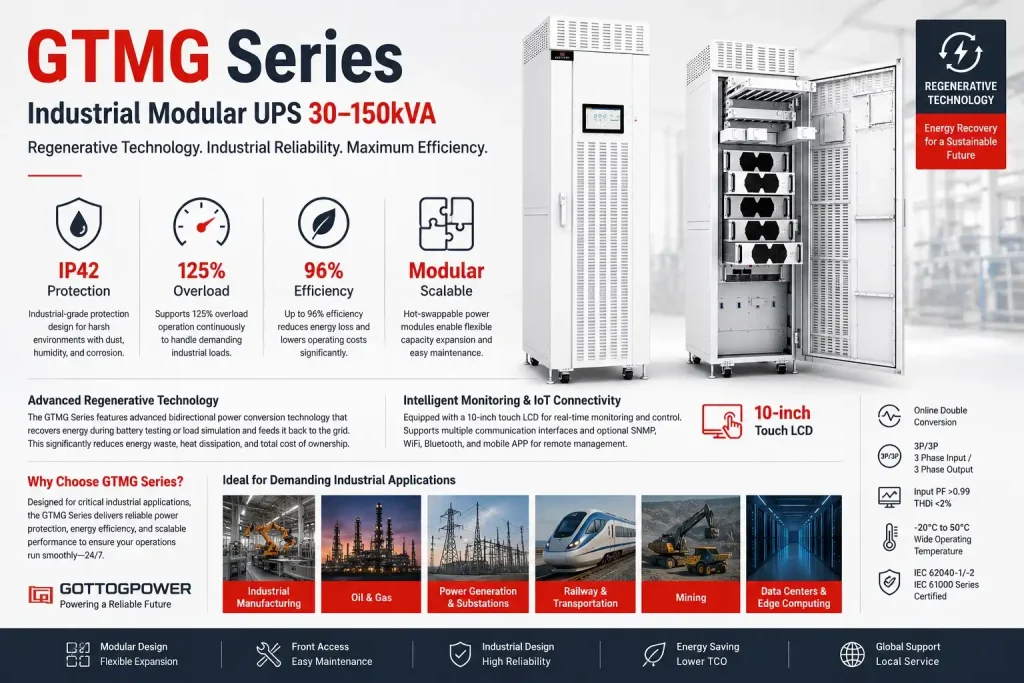 Fonte de alimentação ininterrupta (UPS) modular industrial regenerativa da série GTMG, 30 a 150 kVA.