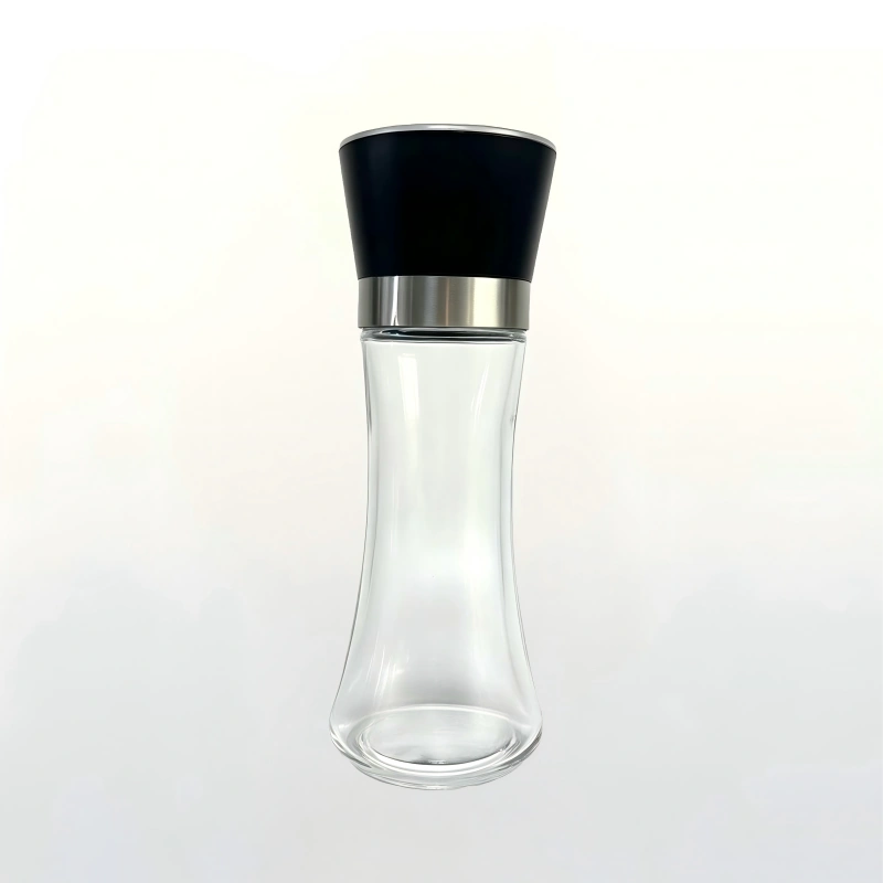180ml clear hourglass glass spice mill bottle with black cap and stainless steel ring