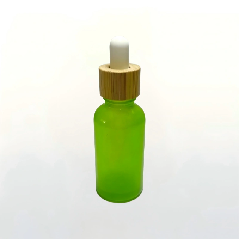 30ml Translucent Green Glass Dropper Bottle with Bamboo Cap | Wholesale Skincare Packaging