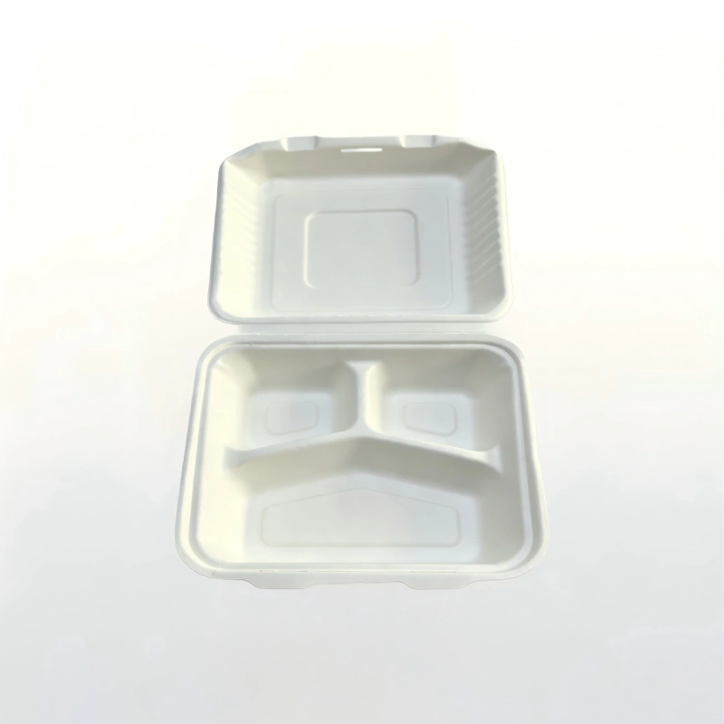 8 Inch 3-Compartment Biodegradable Sugarcane Bagasse Clamshell Container