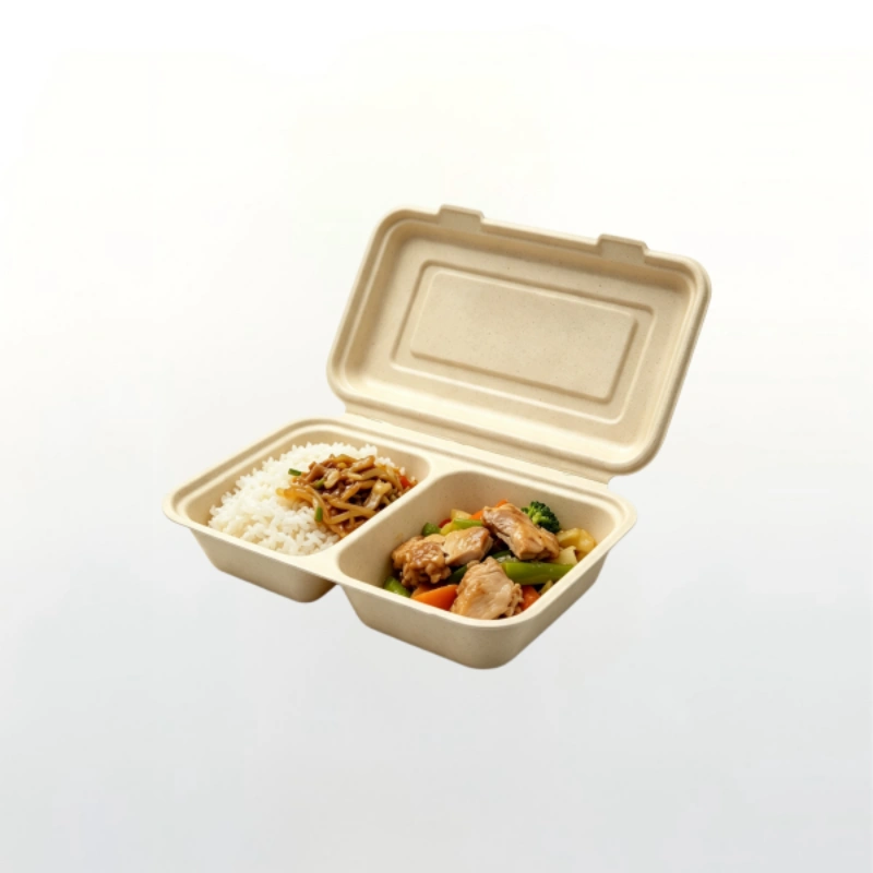 900ml 2-Compartment Bamboo Fibre Clamshell Takeaway Lunch Box