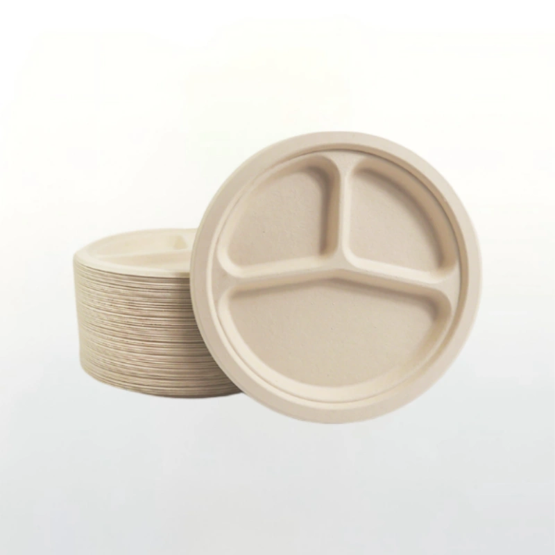 Disposable 3-Compartment Round Bamboo Fibre Plate