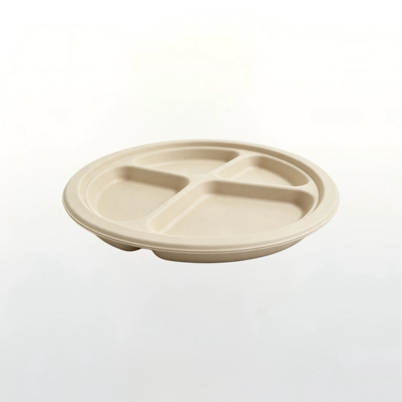 Disposable 3-Compartment Round Bamboo Fibre Plate