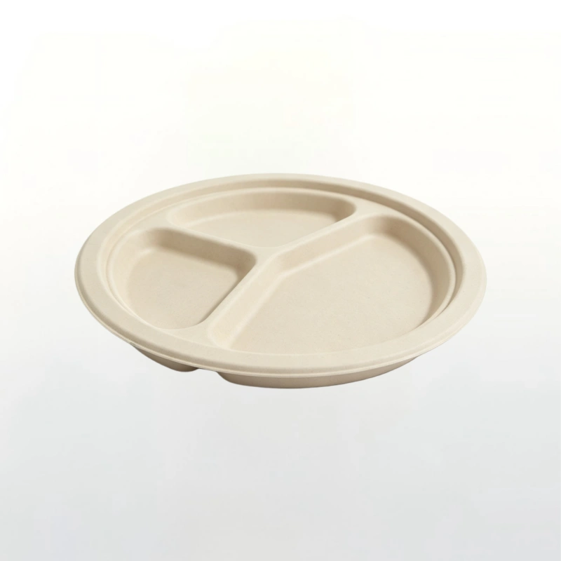 Disposable 3-Compartment Round Bamboo Fibre Plate
