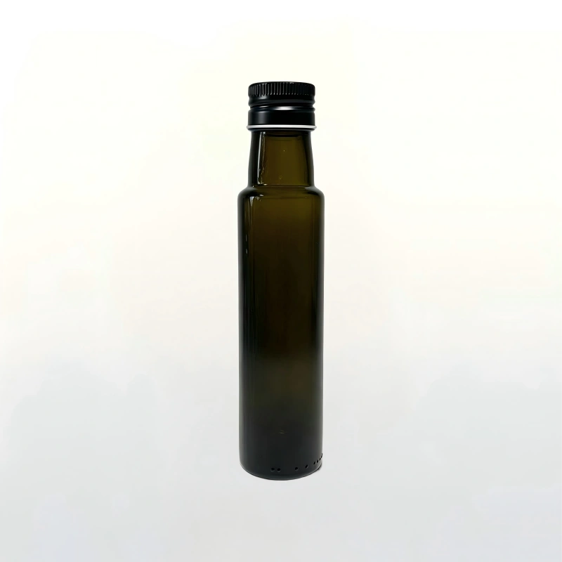 100ml slim dark green glass olive oil bottle with black metal screw cap, food grade edible oil packaging bottle