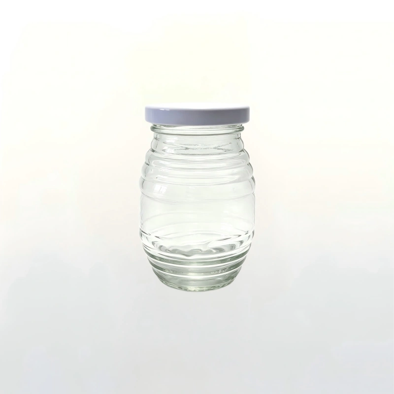 180ml clear ribbed glass honey jar with light purple metal lid for jam preserve packaging