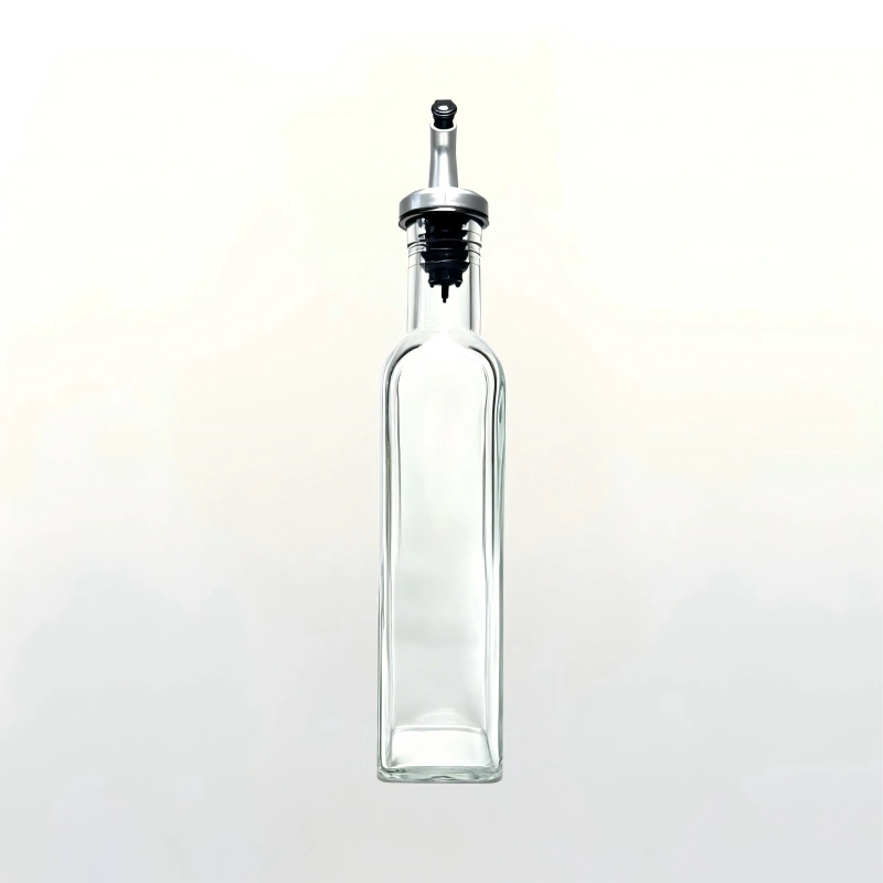 250ml tall square clear glass olive oil bottle with metal pour spout
