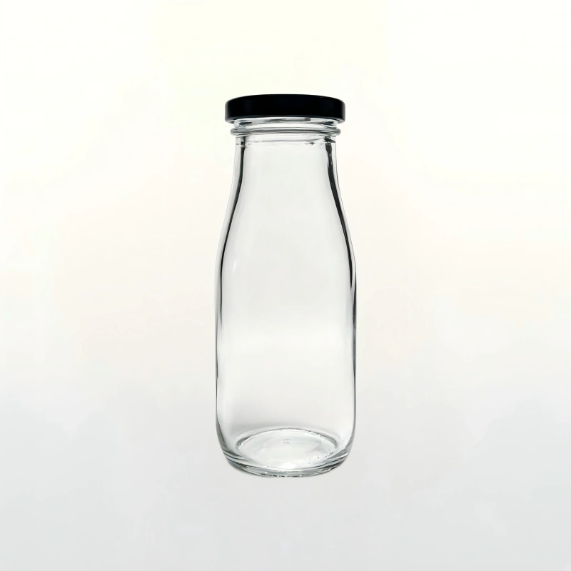 250ml vintage clear glass milk bottle fitted with black metal screw lid