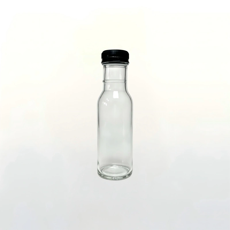250ml clear slender glass sauce bottle with black metal screw cap