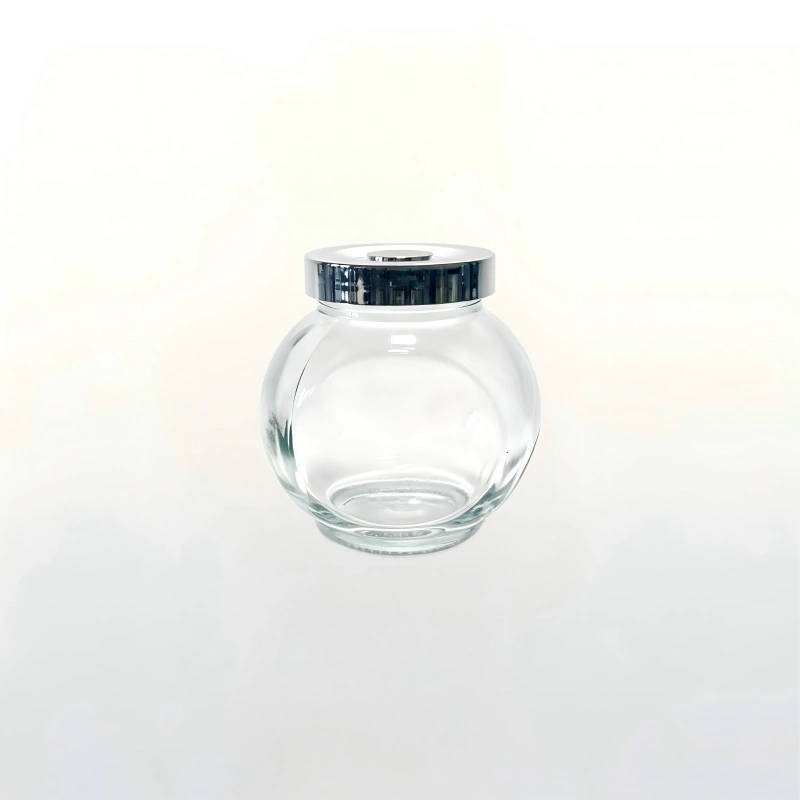 280ml clear bulbous glass spice jar with silver chrome lid for kitchen dry seasoning storage