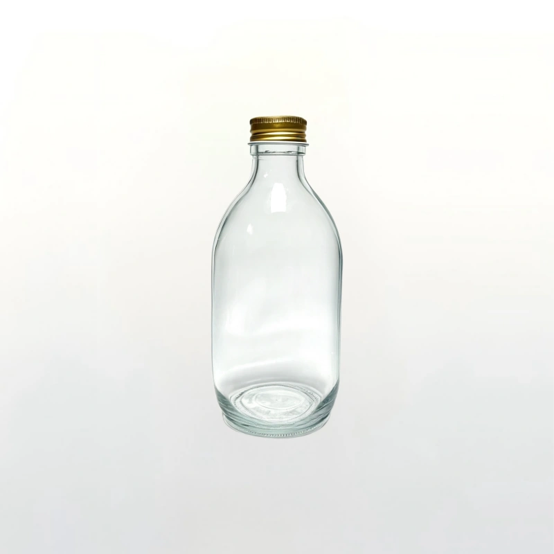 280ml clear Japanese‑style curved glass beverage bottle with gold metal screw cap, food grade glass bottle for craft drinks