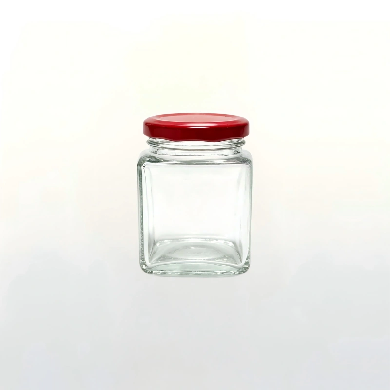 280ml square clear glass food jar with red metal screw lid