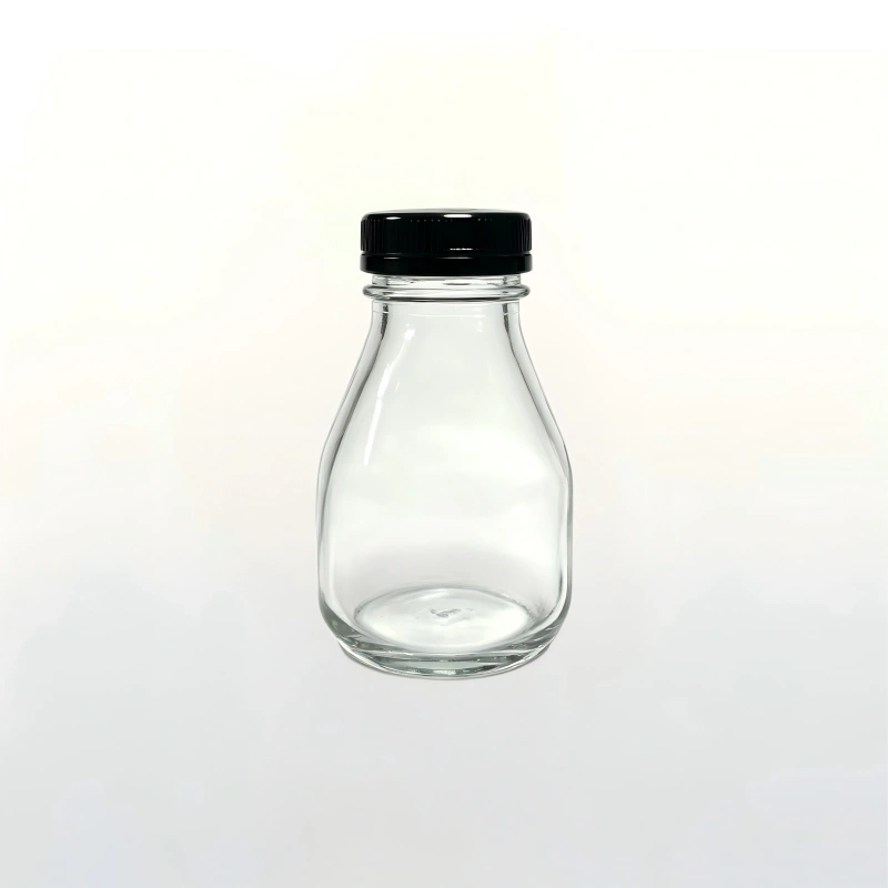 300ml clear retro glass milk bottle with black screw cap