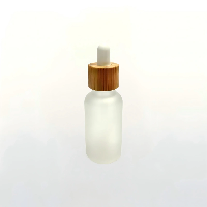 30ml frosted matte clear glass dropper bottle with bamboo collar on pure