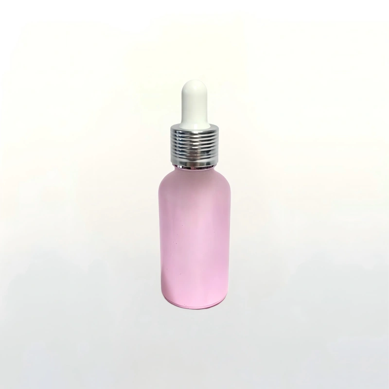 30ml electroplated pink glass dropper bottle with silver dropper for cosmetic serum packaging