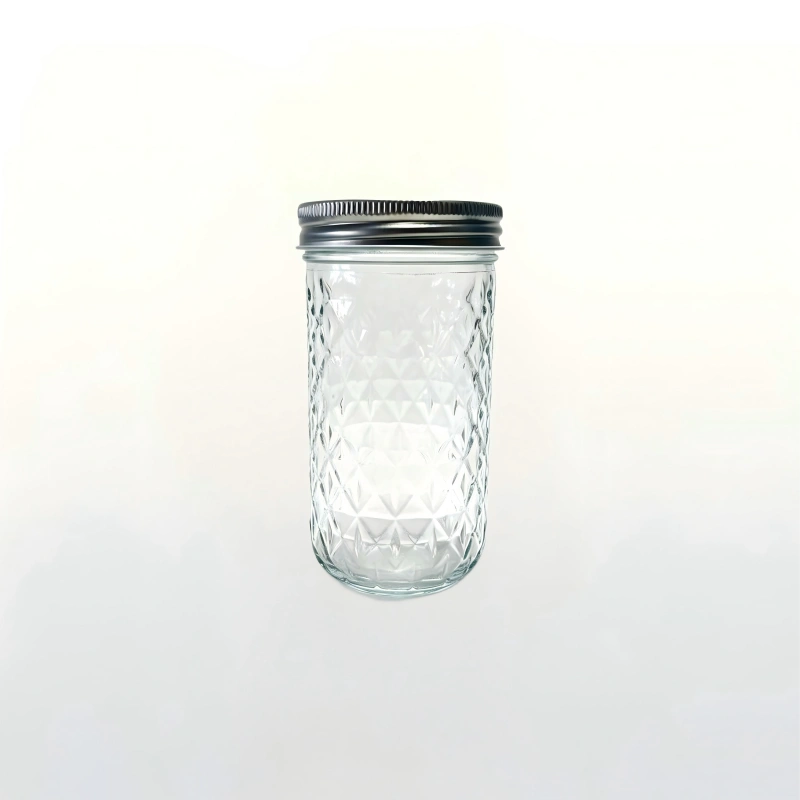 350ml clear diamond embossed mason jar with silver metal lid, tall cylindrical glass food storage jar