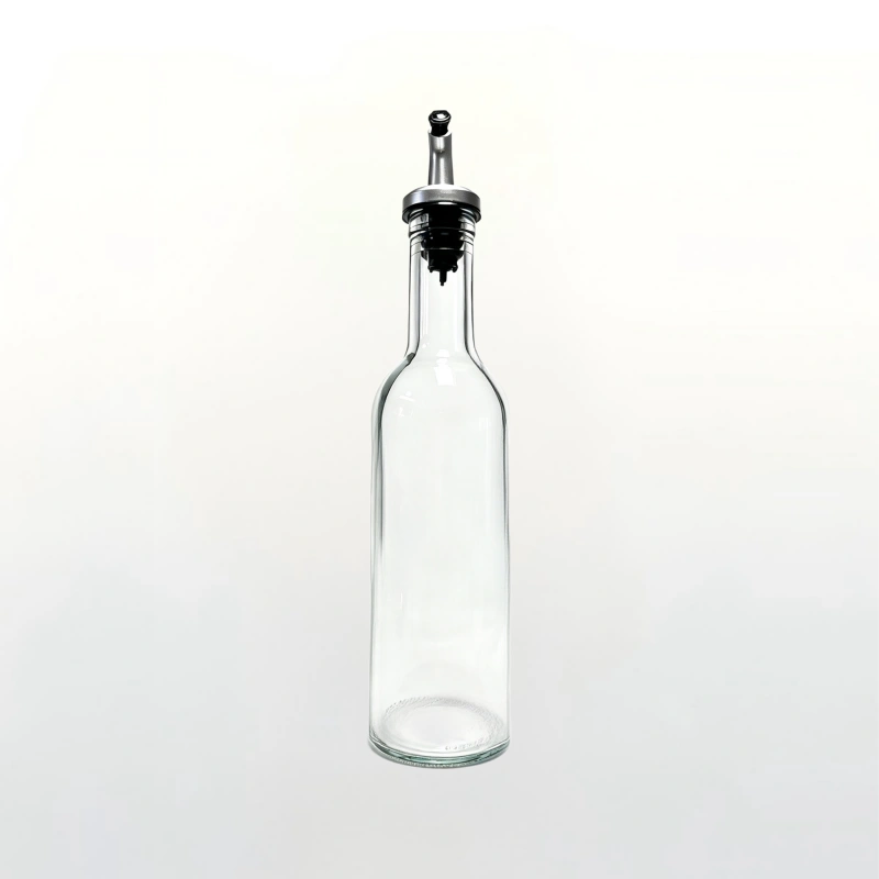 Clear glass olive oil bottle with metal pour spout, kitchen oil dispenser bottle