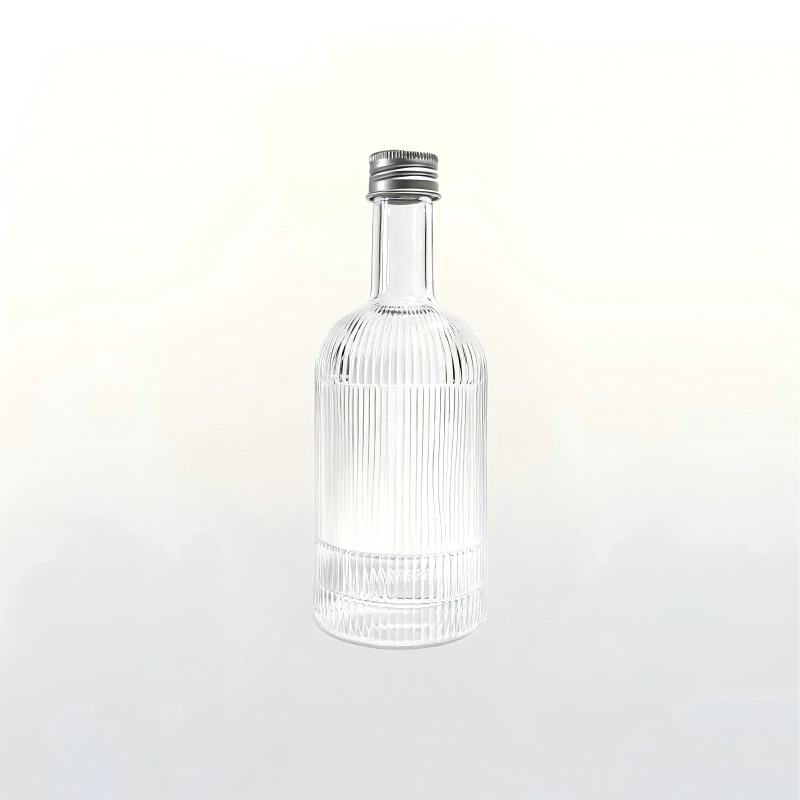 350ml vertical ribbed clear glass plum wine bottle complete with silver aluminum screw cap, transparent ribbed glass for fruit wine and craft spirits