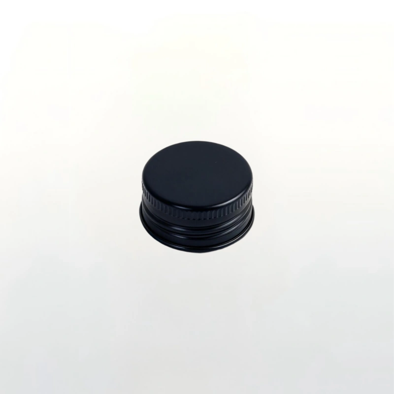 Black aluminium screw cap with precise thread fit. It delivers tight aroma-locking sealing and can be customised in colour and surface finish to match bottle branding.