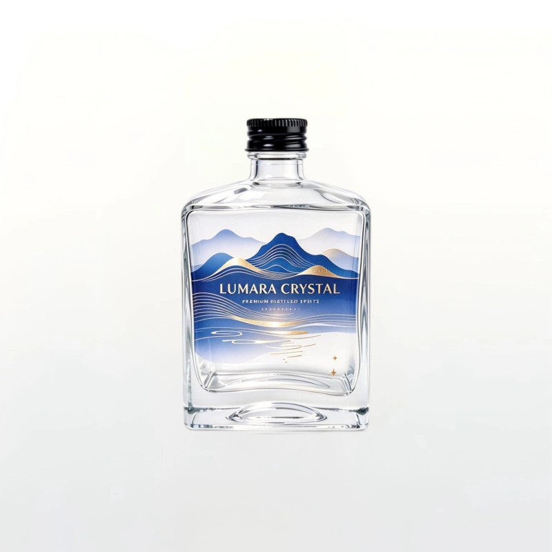 This 350ml wide flat square spirit bottle is built with heavy base clear glass. It supports diversified custom finishes including screen printing, decal firing, spray coating and frosting, ideal for independent craft spirit brands to build distinctive shelf packaging.