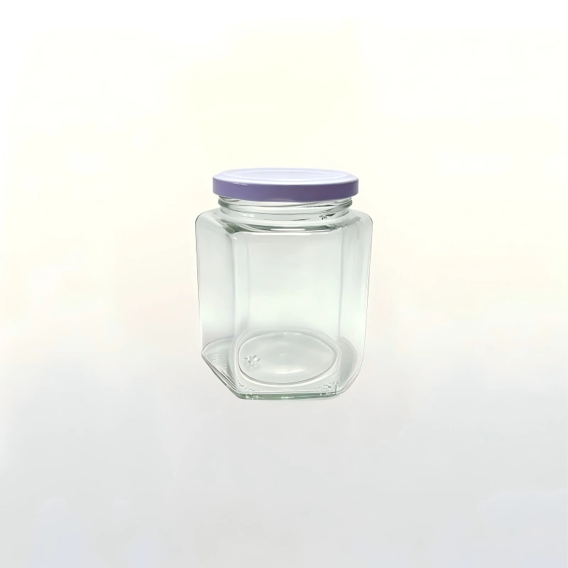 380ml clear hexagonal glass food jar with light purple metal lid