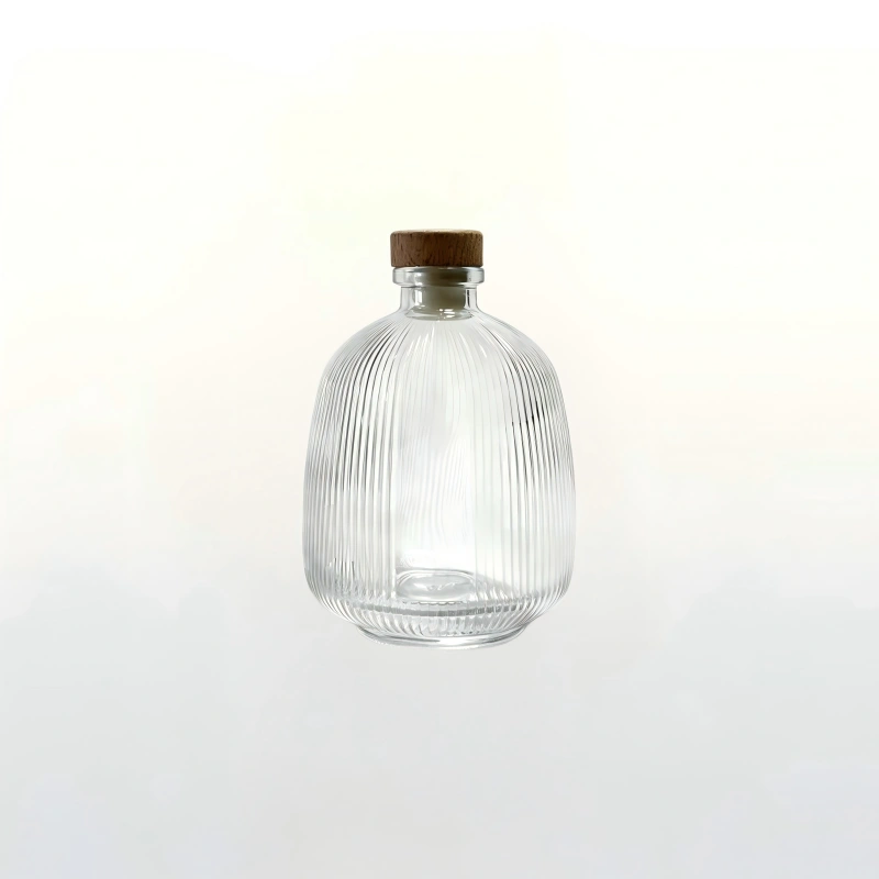 380ml clear ribbed glass fruit wine bottle with natural cork stopper for craft fruit wine packaging