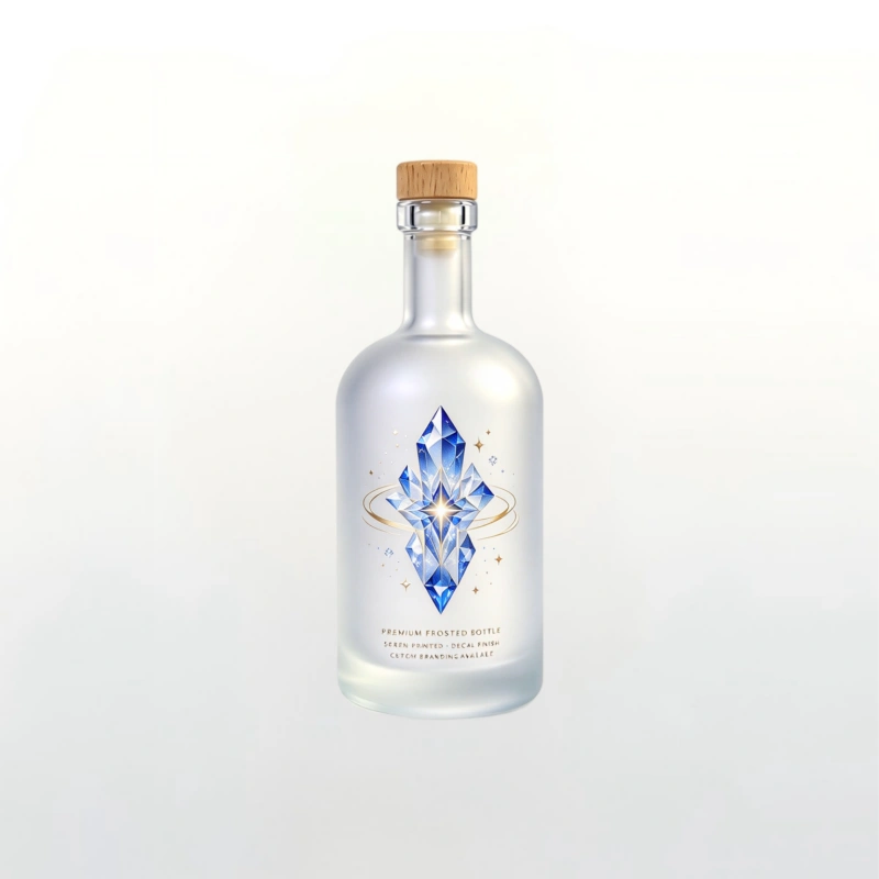 Bespoke 500ml frosted glass spirit vessel, solid glass build, elegant matte finish to elevate premium liquor gift collections.