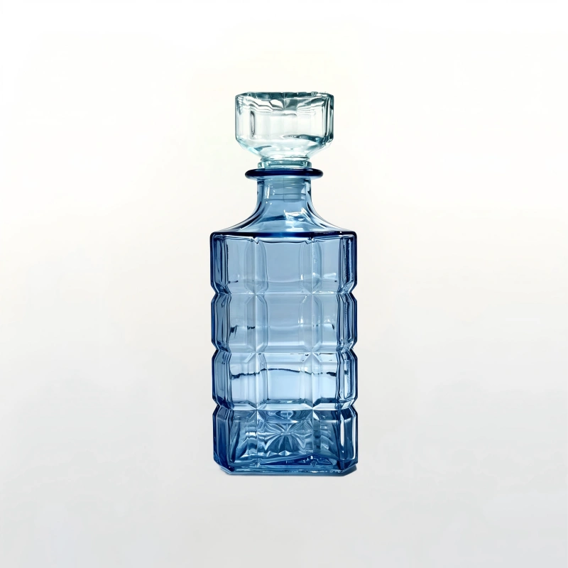 900ml blue grid embossed glass decanter with glass stopper