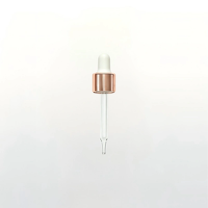 Complete dropper assembly: white rubber bulb, glass pipette & metal collar. Stable suction, leak-proof seal. Custom collar color available.