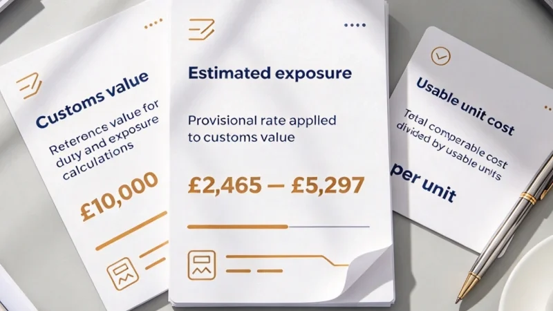 Gowing UK glass packaging planning illustration: Customs value, Estimated exposure, Usable unit cost