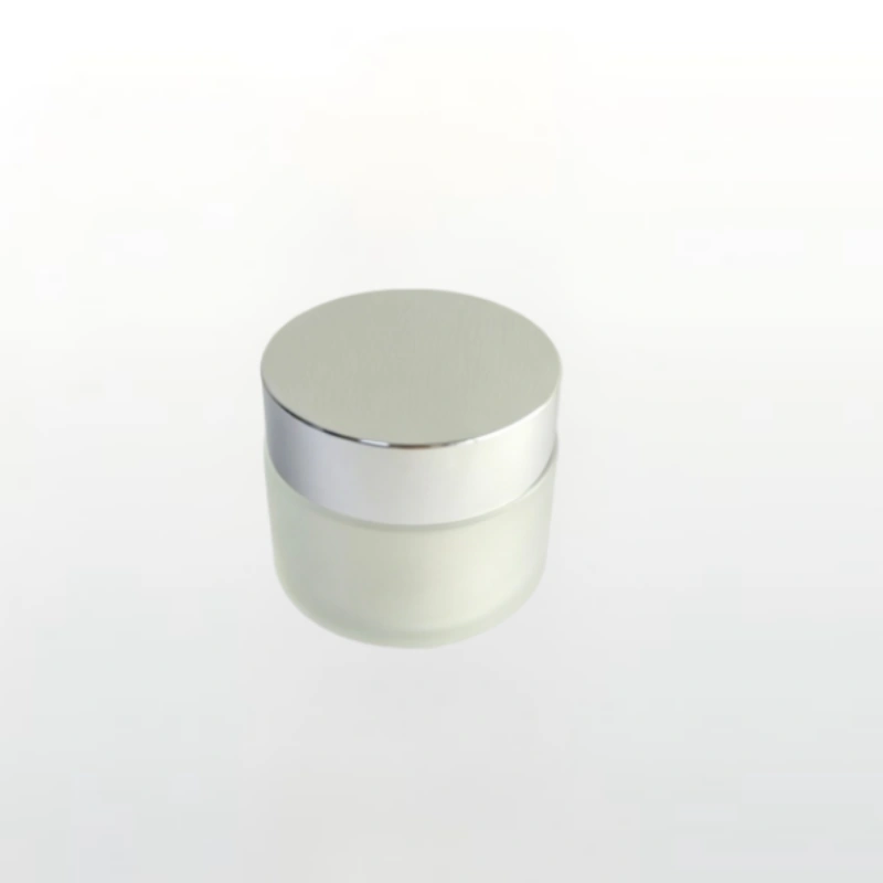 Frosted Glass Skincare Jar with Brushed Silver Aluminum Lid
