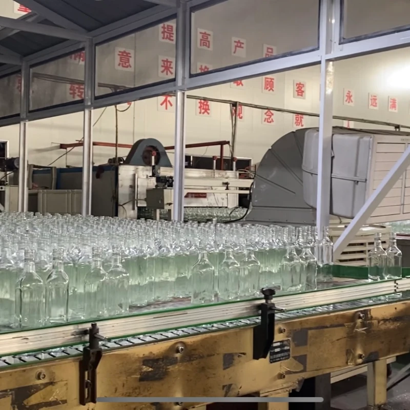 Newly formed glass bottles transported on conveyor belt towards annealing oven to release internal stress