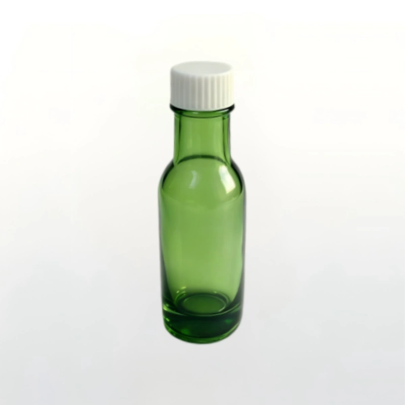 Green pharmaceutical glass bottle with ribbed screw cap. The green glass blocks UV rays to preserve active ingredients. Flexible custom services are offered, ideal for startup brands developing medicinal oil and herbal liniment packaging.